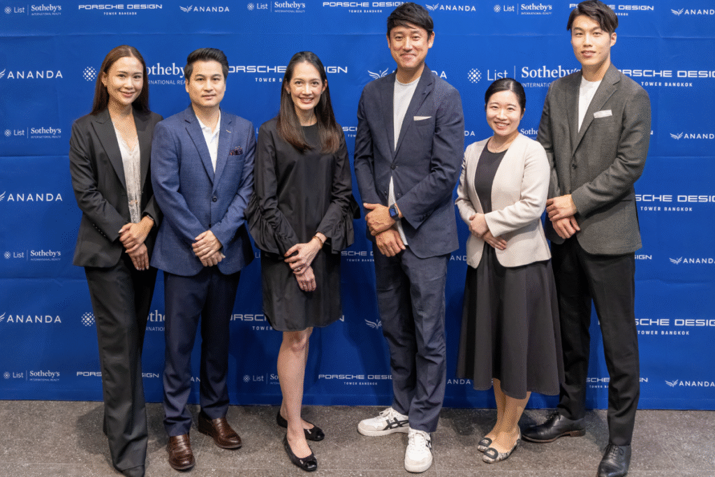 Porsche Design Tower Bangkok management with List International Realty Co. COO Kenichi Tamamura (fourth from left); sales associate Yuki Chiba and Thailand GM Kohei Takei at a launch event in Tokyo on June 25.